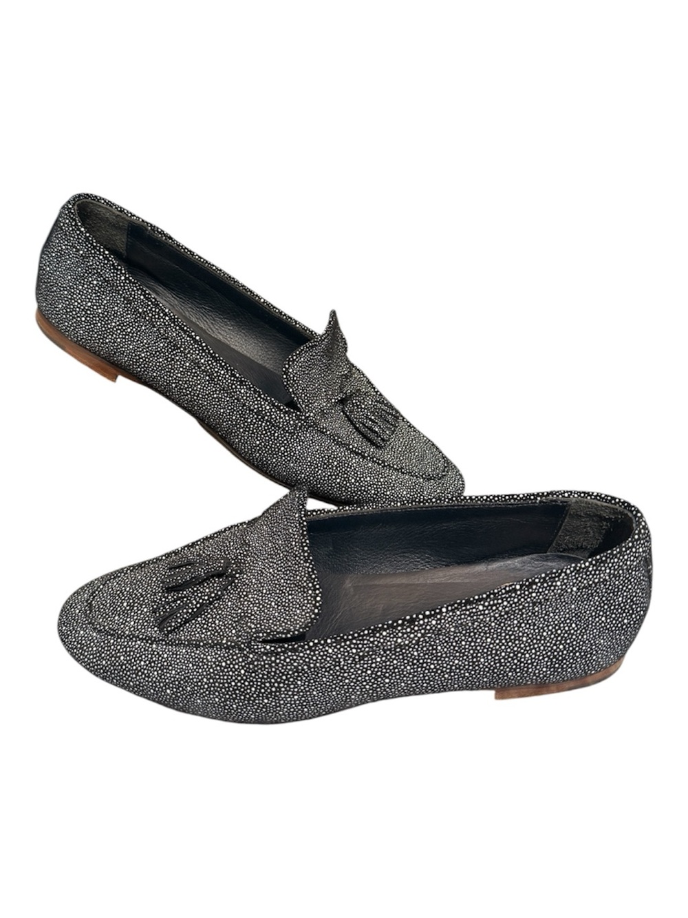 Meandher Italian Leather Women's Black Speckled Tassel Loafers
